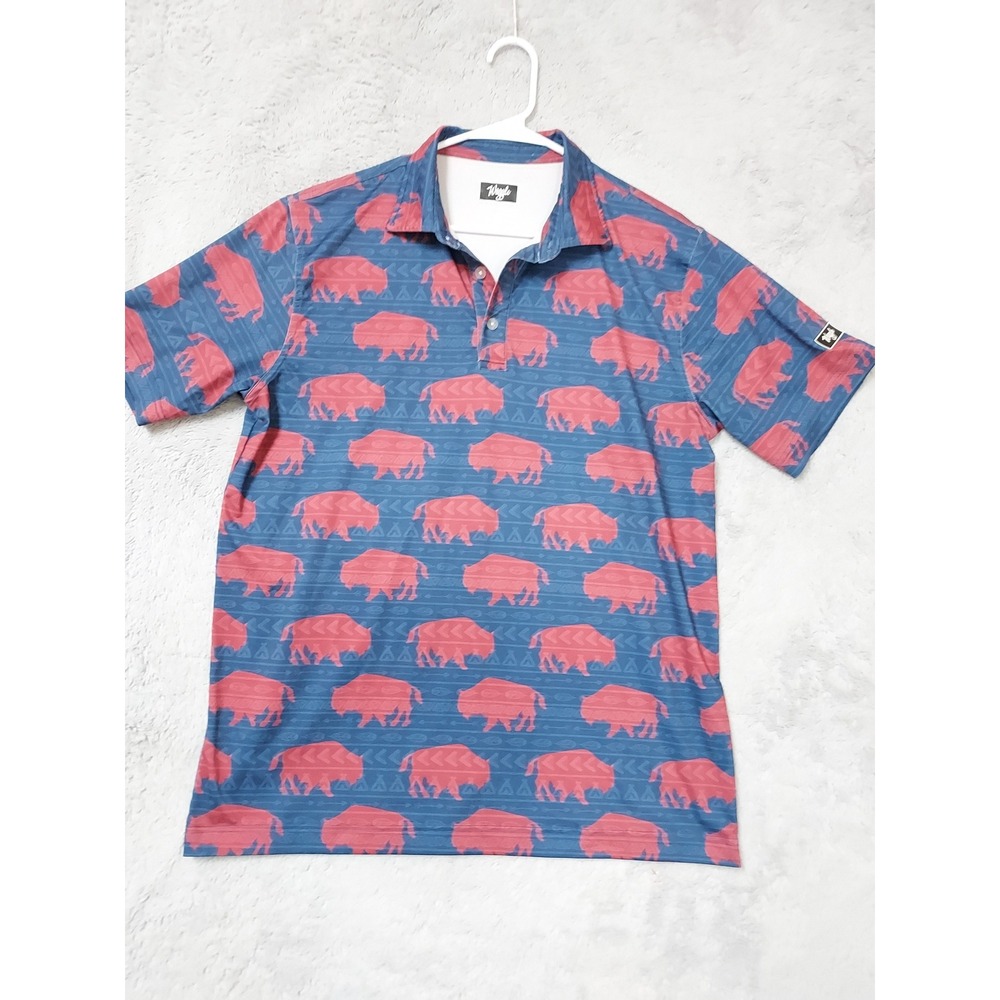 Waggle Polo Shirt Mens Large Buffalo Bison Print Golf Performance Blue Aztec Red - Picture 2 of 7